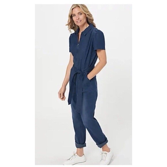 Candace Cameron Bure Tencel Denim Jumpsuit Dark Rinse Large Wide Leg New Tie QVC - Picture 1 of 9